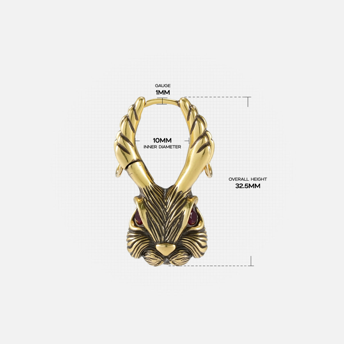 Gold Enchanted Jackalope hoop earring with winged rabbit motif and dimensions
