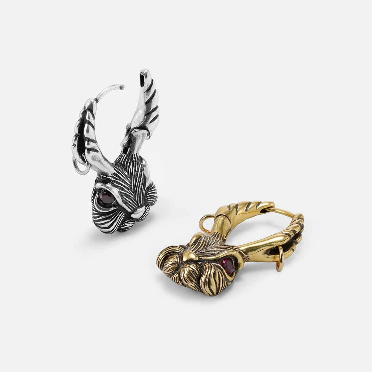 Jackalope hoop earrings shown in silver-tone and gold-tone finishes side by side, close-up view