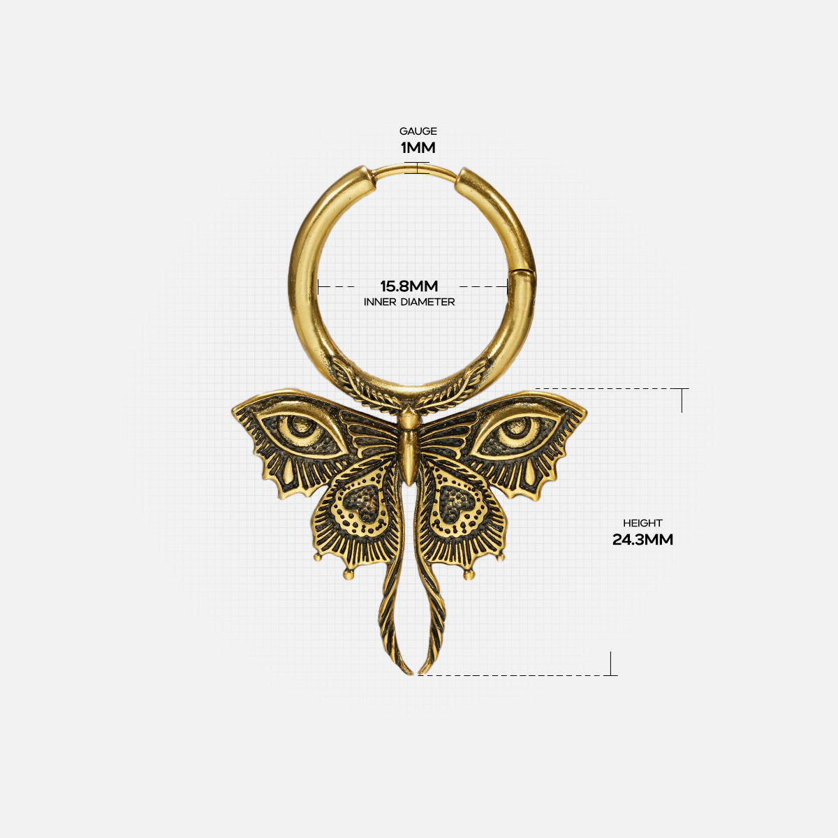 Gold-tone Enchanted Moth hoop earring dimension guide showing hoop diameter and pendant height