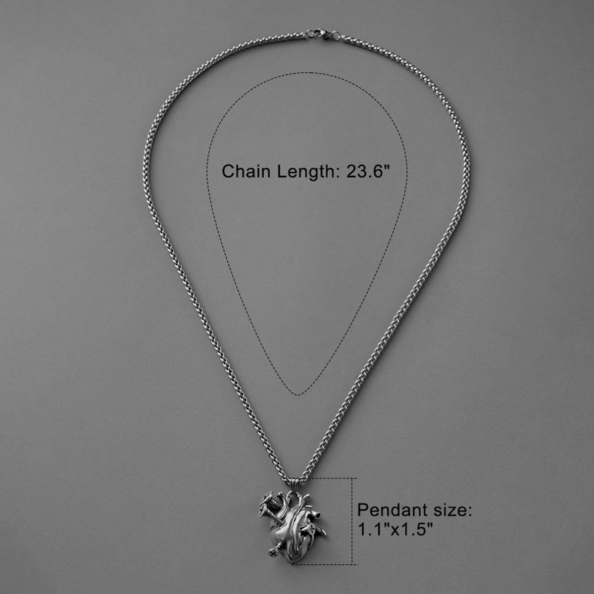 Silver Enduring Heart necklace with chain length and pendant measurements