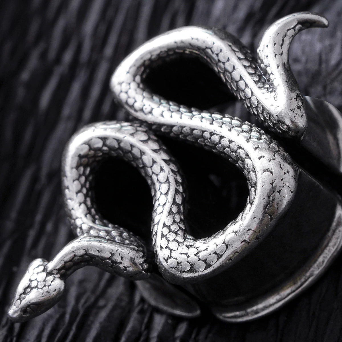 Close-up of silver Enigmatic Serpent tunnel with coiled snake design