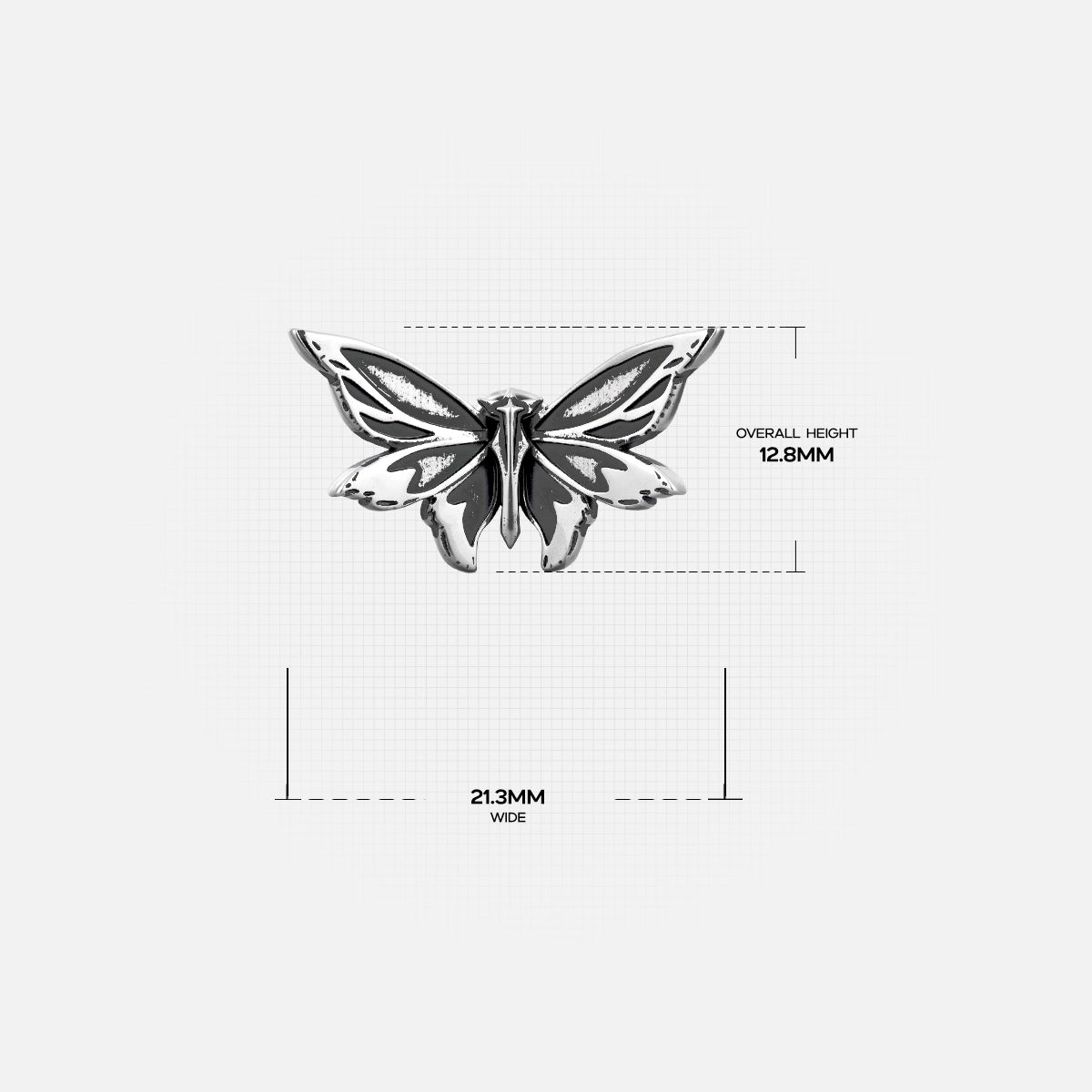 Small silver Eternal Moth ear stud with width measurement details