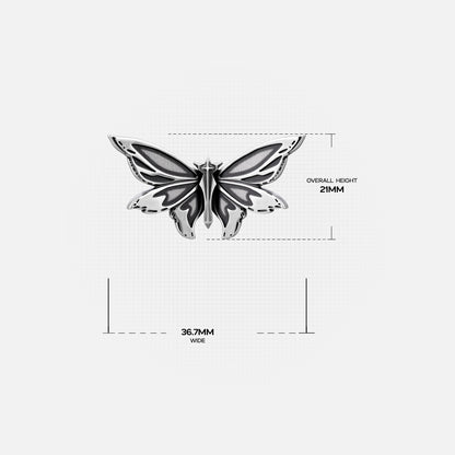 Large silver Eternal Moth ear stud with width measurement details