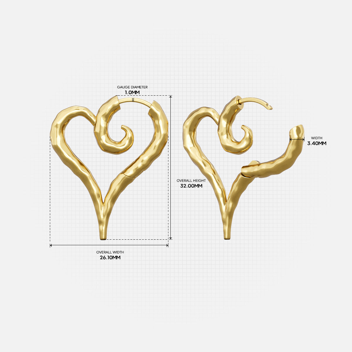 Gold Ethereal Heartflow earring with open heart shape and measurement details