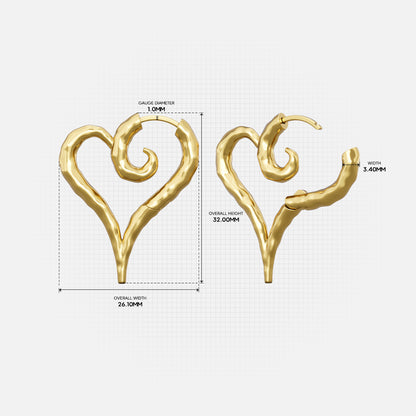 Gold Ethereal Heartflow earring with open heart shape and measurement details