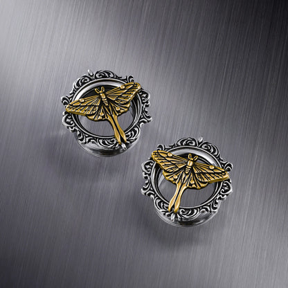 Pair of silver Ethereal Moth tunnels with gold moth centers