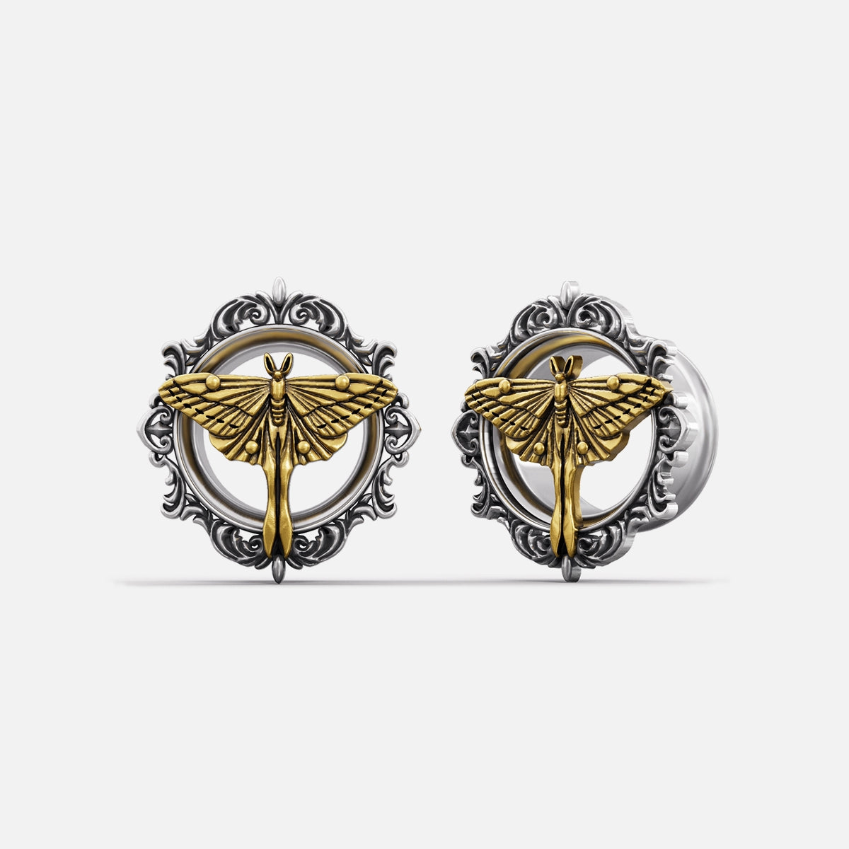Pair of Ethereal Moth tunnels with gold moths and silver scrollwork frames