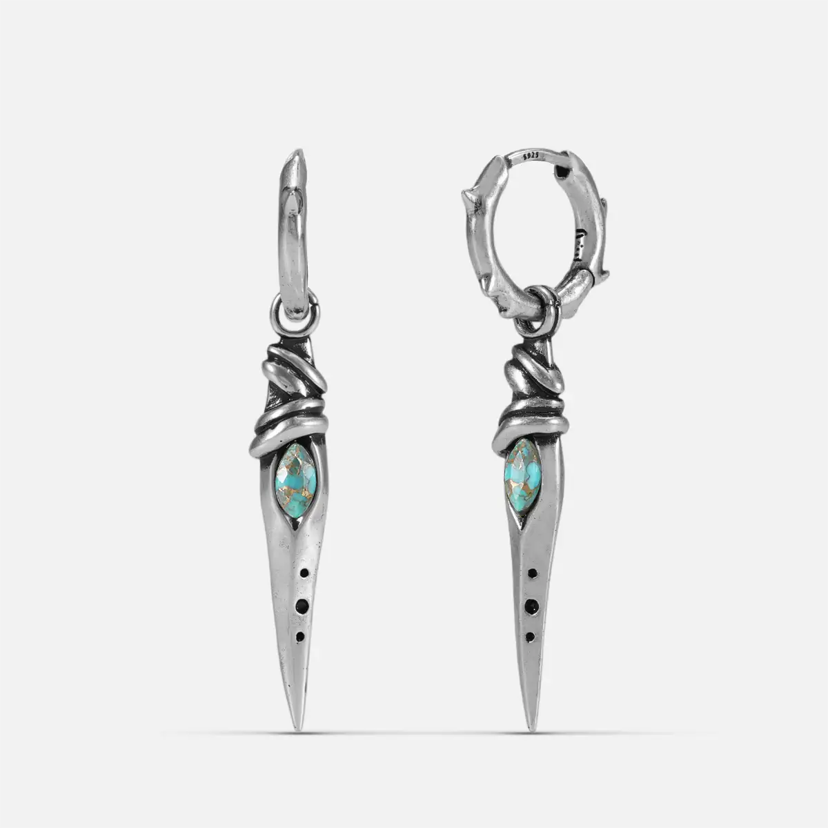 Eye Dagger Earrings in 925 sterling silver, pair shown front and back on white, featuring turquoise eye inlays and pointed da
