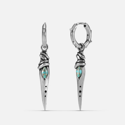 Eye Dagger Earrings in 925 sterling silver, pair shown front and back on white, featuring turquoise eye inlays and pointed da
