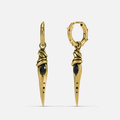 Eye Dagger Earrings in gold-tone brass with eye-shaped stone inlay and dagger drop pendants