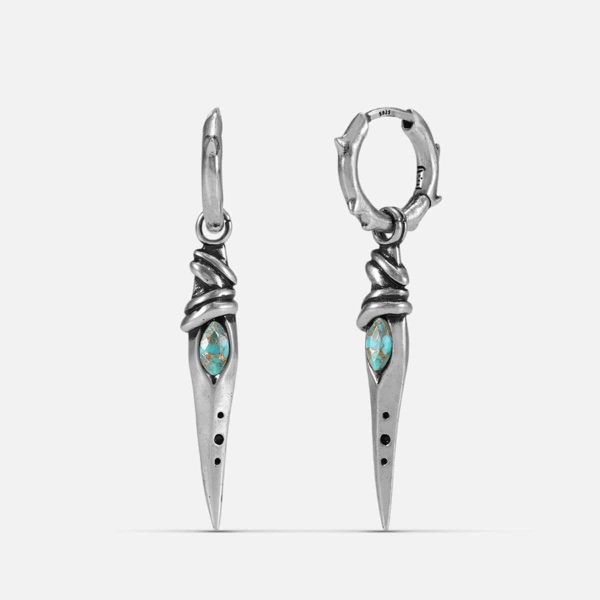 Eye Dagger Earrings in silver-tone brass with eye-shaped stone inlay and long dagger drop design