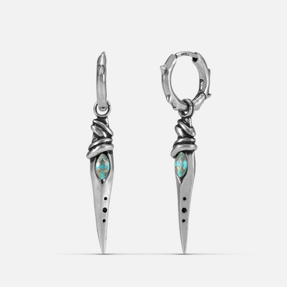 Eye Dagger Earrings in silver-tone brass with eye-shaped stone inlay and long dagger drop design