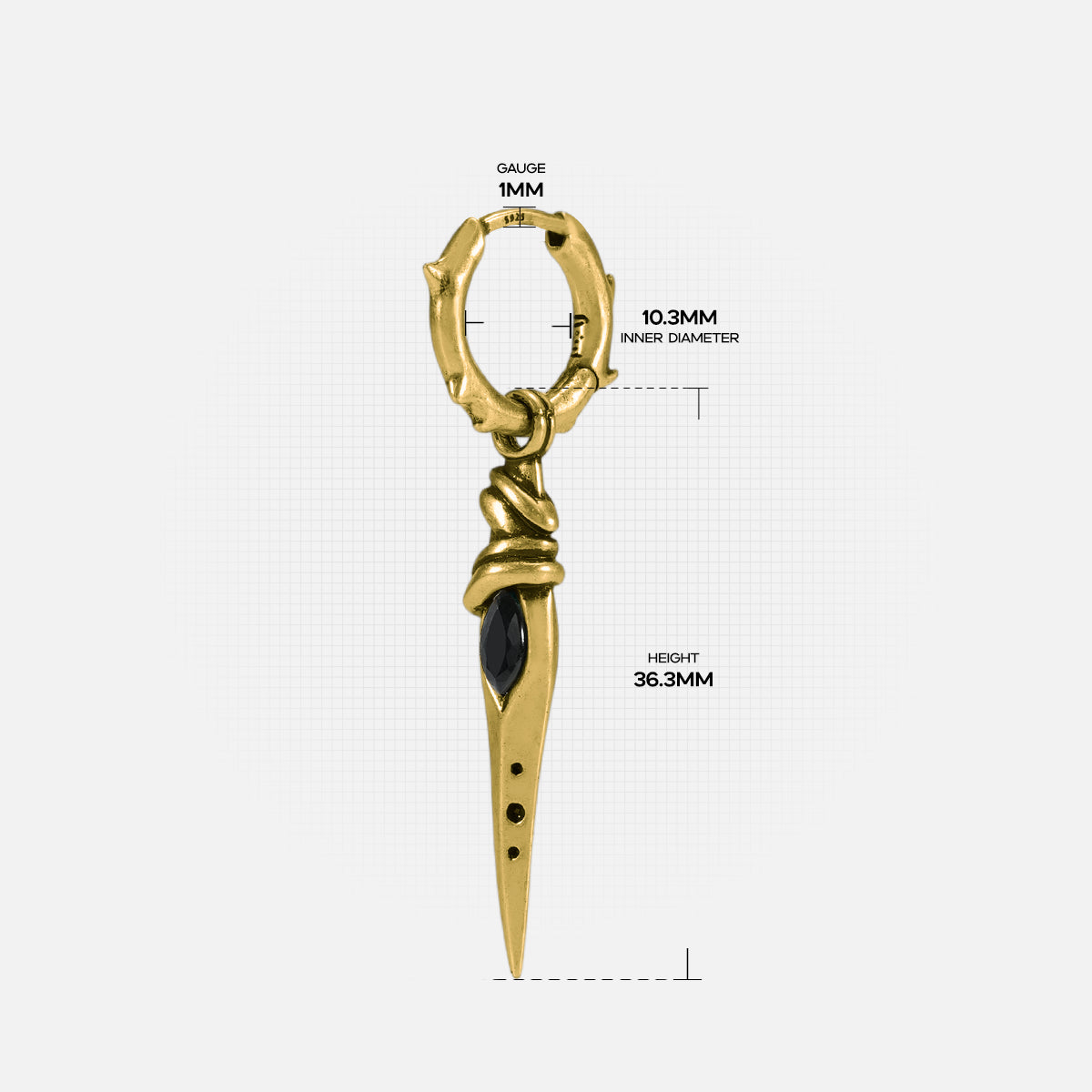 Eye Dagger Earrings size guide showing hoop diameter and dagger drop length