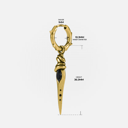 Eye Dagger Earrings size guide showing hoop diameter and dagger drop length