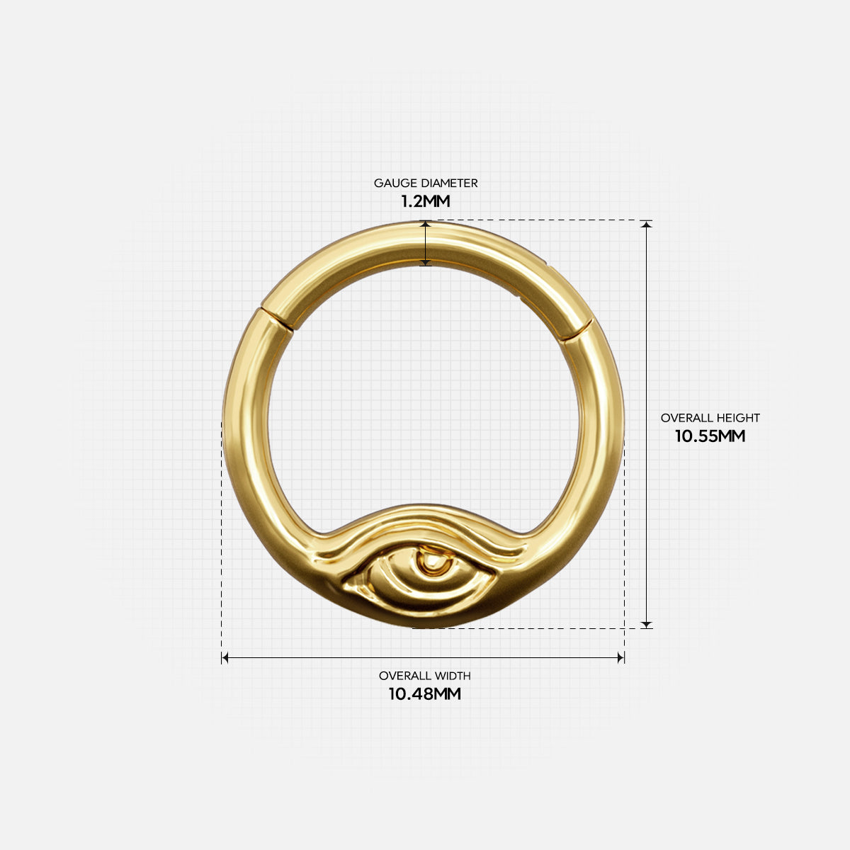 Size guide for the gold-tone Eyelock Clicker showing the inner diameter and overall dimensions.