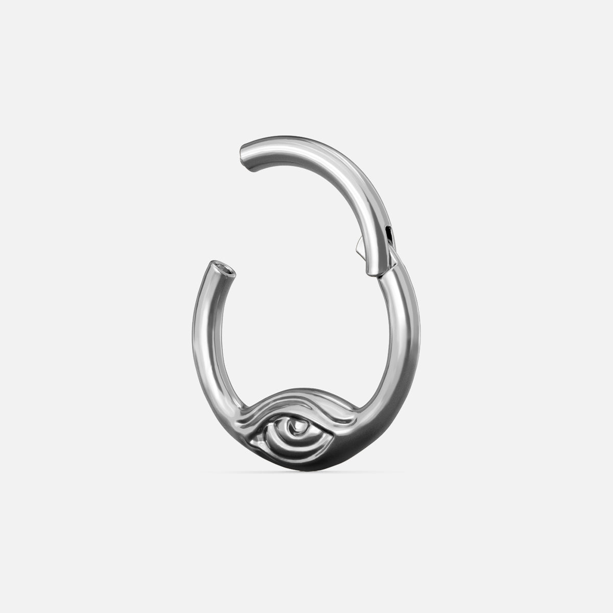Silver-tone Eyelock Clicker shown open to display the hinged clicker closure and eye detail.
