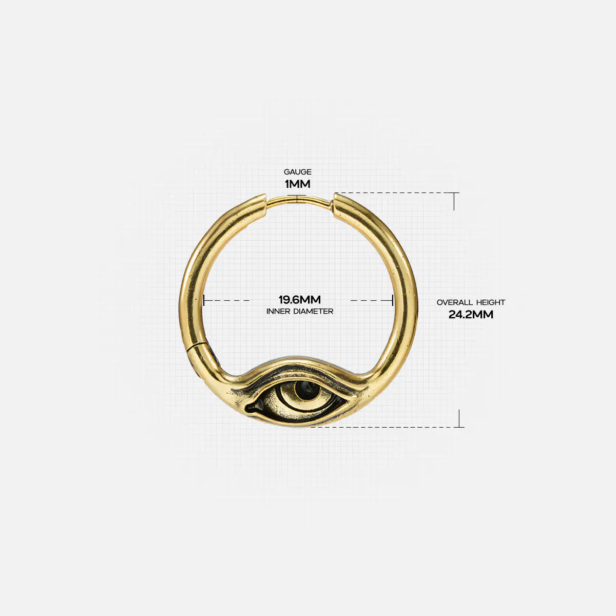 Dimension guide for the Eyelock Earrings 925 sterling silver version, shown in gold tone with hoop diameter and overall heigh