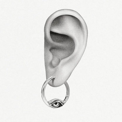 Eyelock Earrings in 925 sterling silver shown on an illustrated ear to demonstrate the large eye-hoop scale.