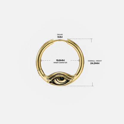 Gold-tone Eyelock hoop earring dimension guide showing inner diameter, gauge, and overall height