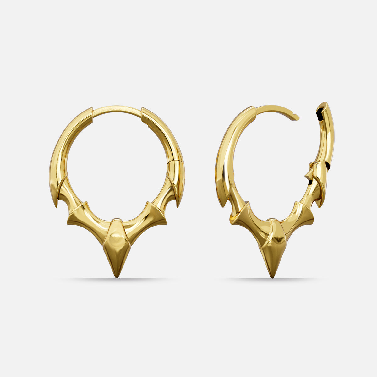 Pair of gold Fang Crest hoop earrings with pointed crest details