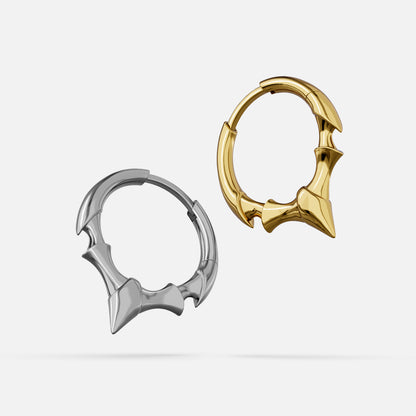 Gold Fang Crest hoop earrings shown from front and side angles