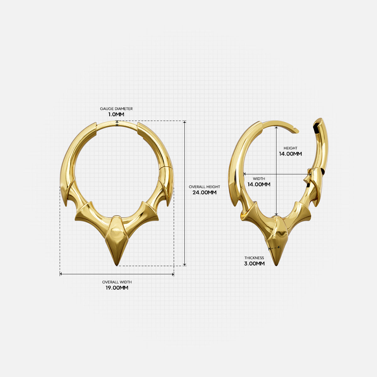 Gold Fang Crest hoop earring with pointed silhouette and measurement details