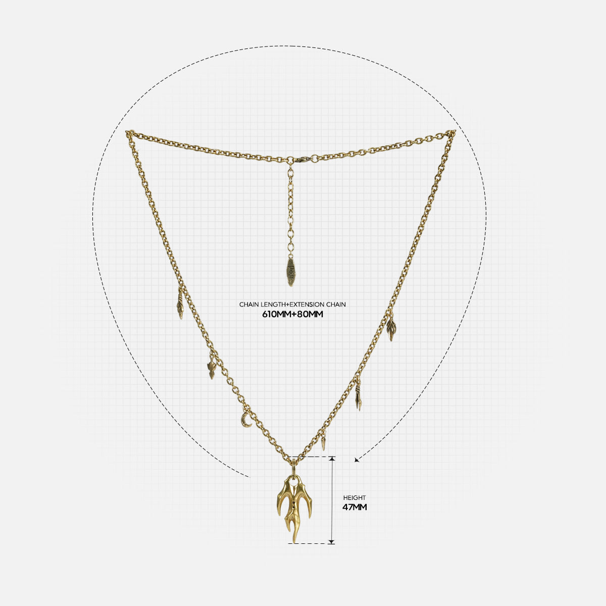 Feral Husk Necklace size reference showing pendant length and chain proportions
