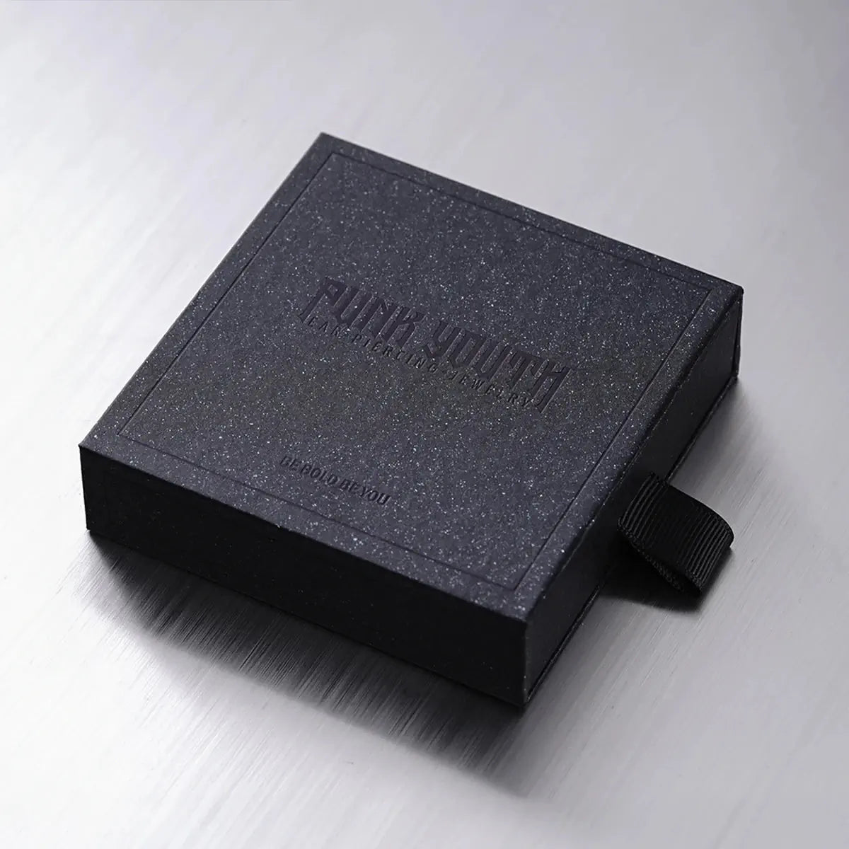 Black Punkyouth jewelry box for the Fleur-de-Lis Elegance Earrings in 925 sterling silver.