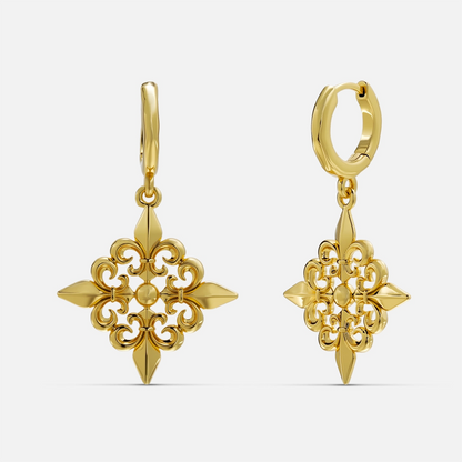 Gold-tone Fleur-de-Lis Elegance hoop earrings shown from front and side with scrolling geometric drops