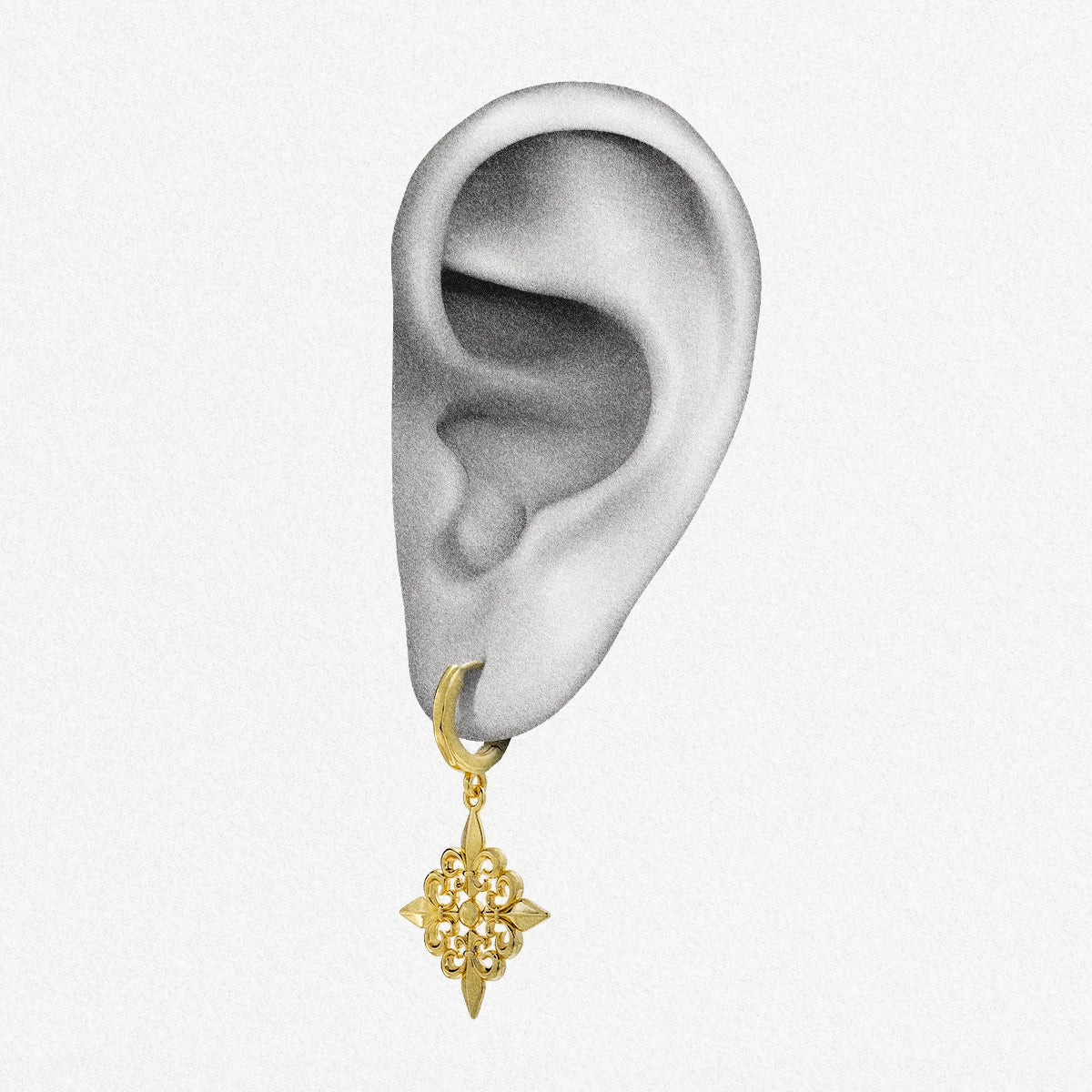 Gold-tone Fleur-de-Lis Elegance hoop earring positioned on an illustrated earlobe to show its drop length