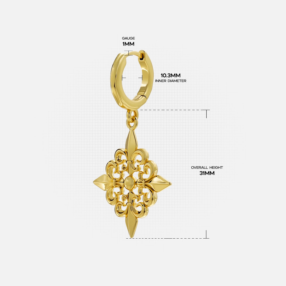 Gold-tone Fleur-de-Lis Elegance hoop earring dimension guide showing hoop diameter and overall height