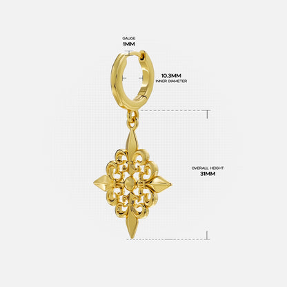 Gold-tone Fleur-de-Lis Elegance hoop earring dimension guide showing hoop diameter and overall height