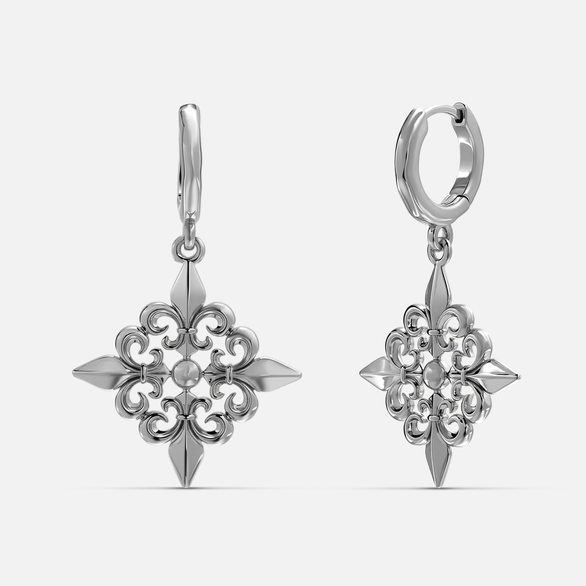 Silver-tone Fleur-de-Lis hoop earrings with ornate cross pendants and side spikes