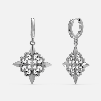 Silver-tone Fleur-de-Lis hoop earrings with ornate cross pendants and side spikes