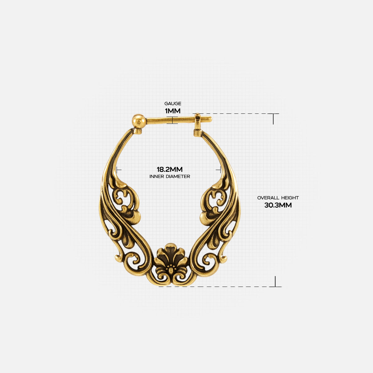 Gold Floral Scroll hoop earring with ornate floral pattern and dimensions