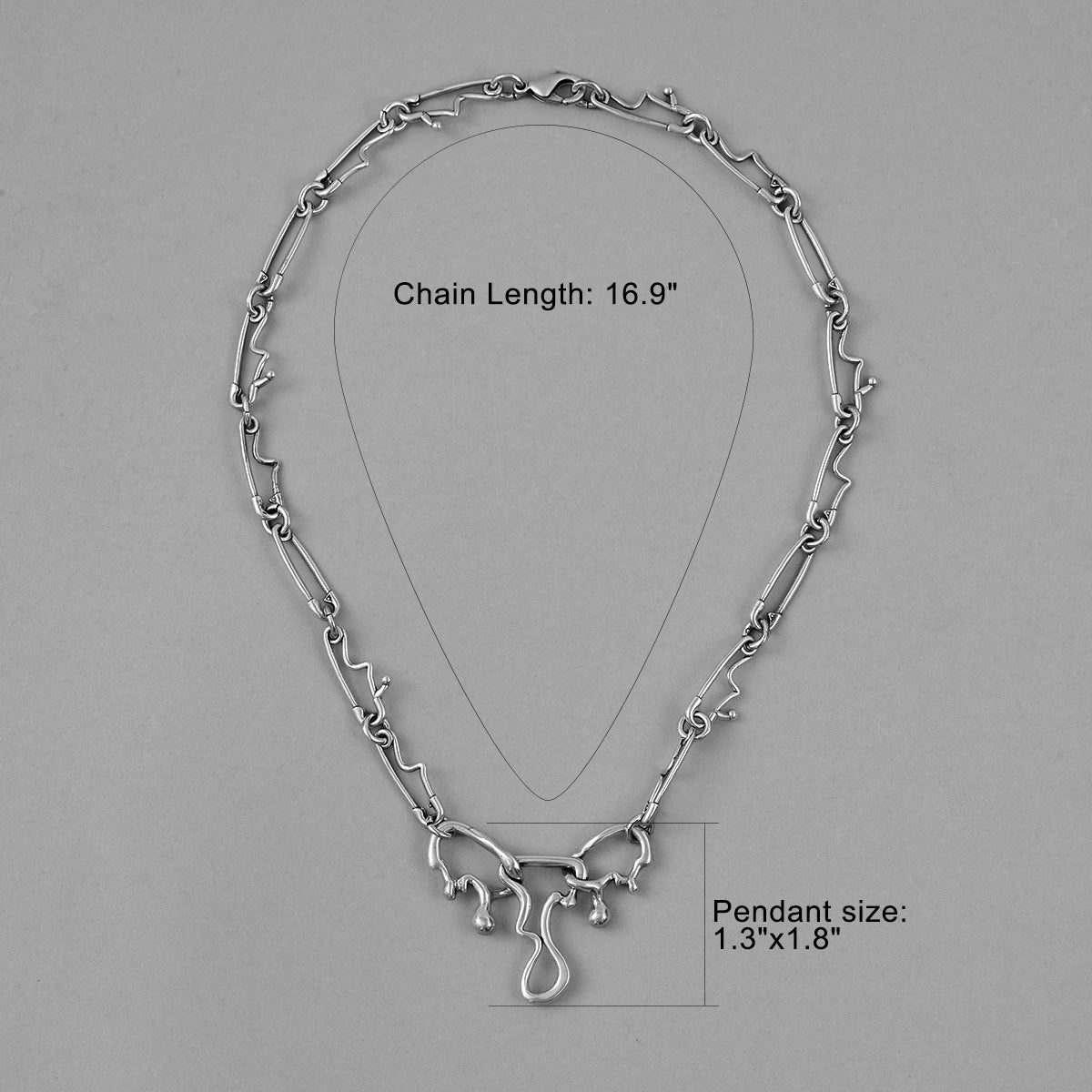 Silver Fluid Pin necklace with chain length and pendant measurements