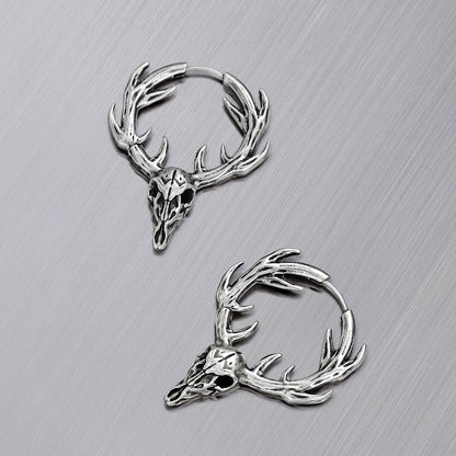 Pair of silver Forest Stag hoop earrings with antlered skull motifs