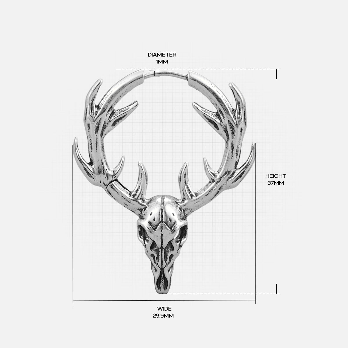 Silver Forest Stag hoop earring with antlered skull motif and dimensions
