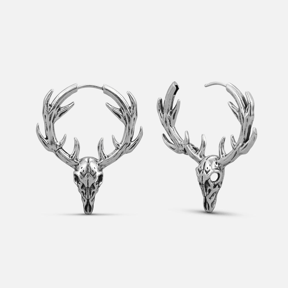 Silver-tone Forest Stag hoop earrings with antlered deer skull pendants