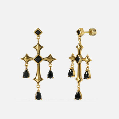 Forsaken Vow Earrings in antiqued 18K gold with gothic cross-inspired drops and black obsidian, shown as a pair on white.