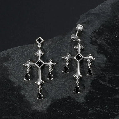 Silver Forsaken Vow Earrings displayed as a pair on black textured fabric.