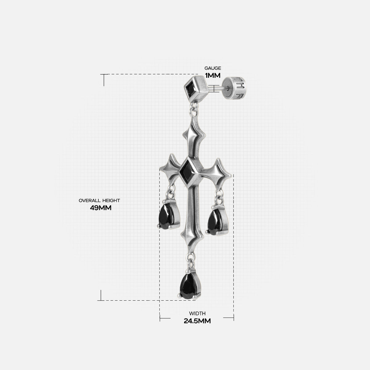 Forsaken Vow Earrings measurement diagram showing the drop length and earring dimensions.