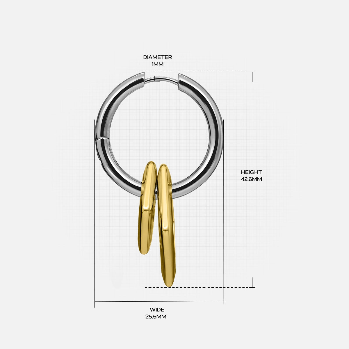 Silver Geometric Duo hoop earring with two gold elongated oval drops and dimensions