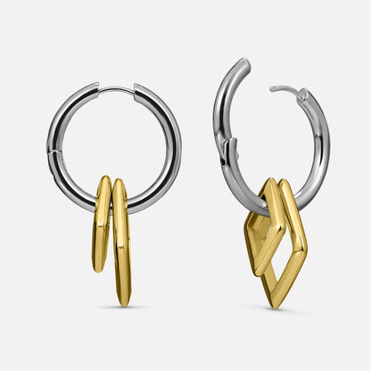 Silver-tone Geometric Duo hoop earrings with two interlocking gold-tone angular drops