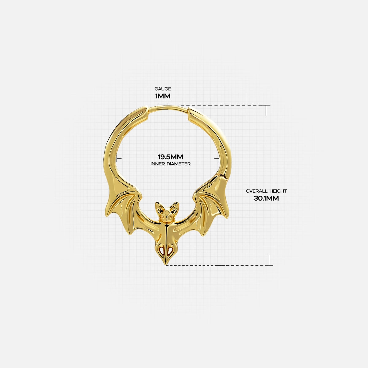 Gold Gothic Bat hoop earring with winged bat motif and measurement details