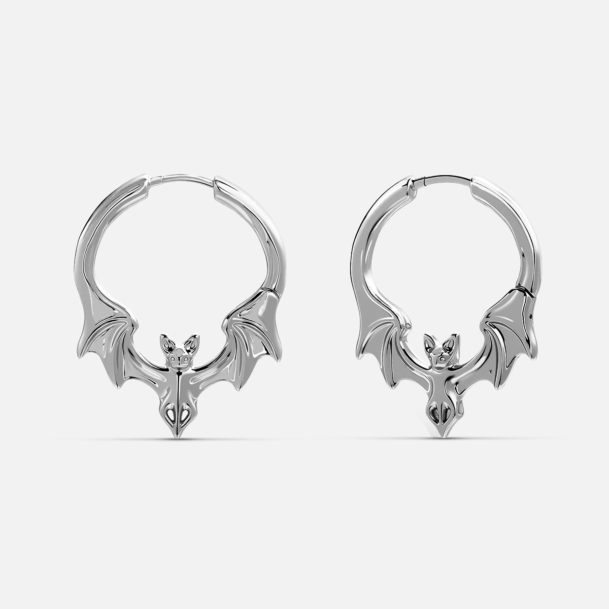 Silver-tone Gothic Bat hoop earrings with wide bat wings and small skull details