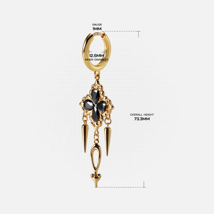 Gold Gothic Bloom hoop earring with black floral center and long ornate drops