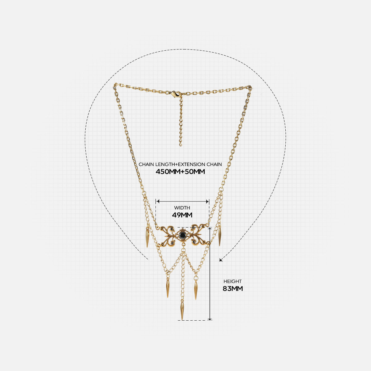 Gothic Cascade necklace dimension guide showing the layered chain layout and central pointed drop