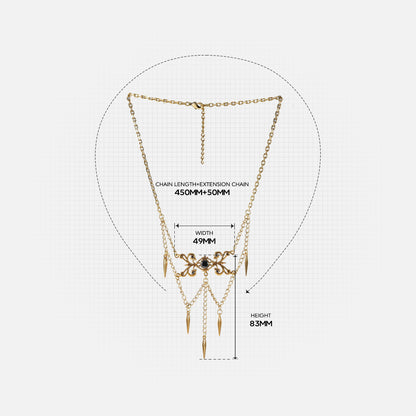 Gothic Cascade necklace dimension guide showing the layered chain layout and central pointed drop