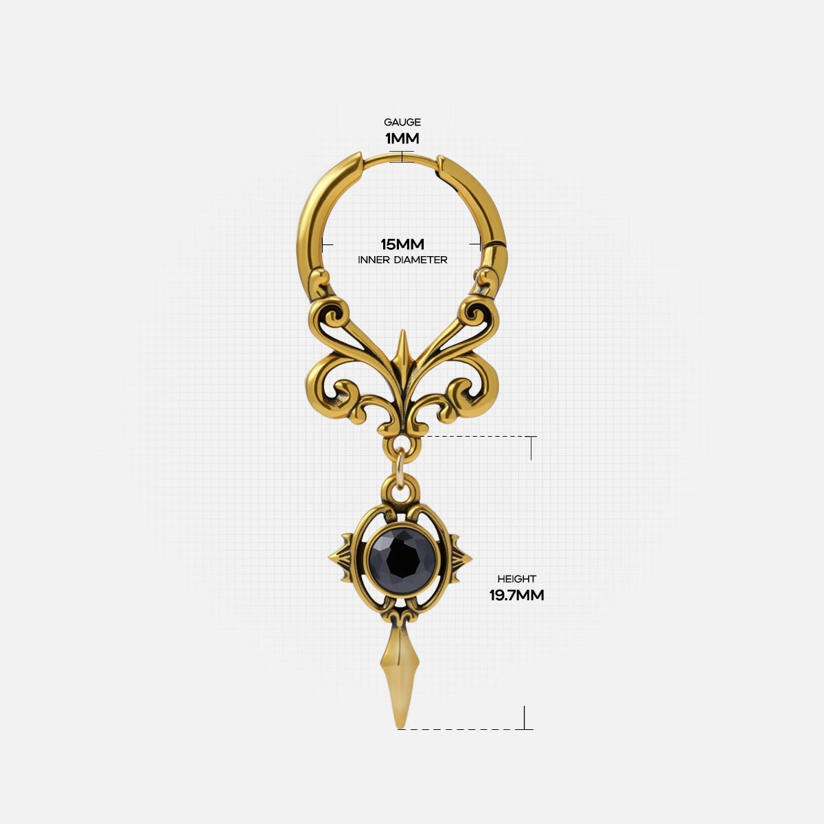 Gold-tone Gothic Crest hoop earring dimension guide showing hoop diameter, gauge, and full pendant height